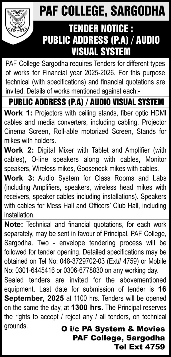 PAF College Sargodha Tender Notice